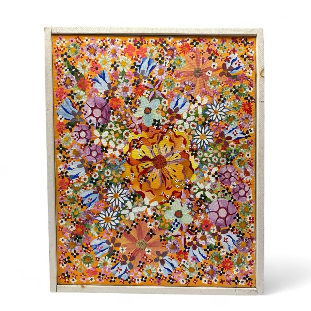 Vintage 1969 Multicolor Flower Power Pop Floral Painting on Canvas 24x30 Framed